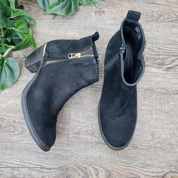 Steve Madden Ankle Boots Wantagh Booties Distressed Nubuck Suede Black Gold Boho - Picture 4 of 15